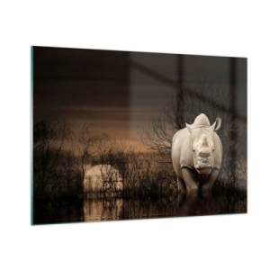 Impression sur verre - Image sur verre - Rhinocéros contre le soleil couchant - 100x70cm - Blanc contre nature - Décoration murale moderne pour le salon et la chambre ARTTOR