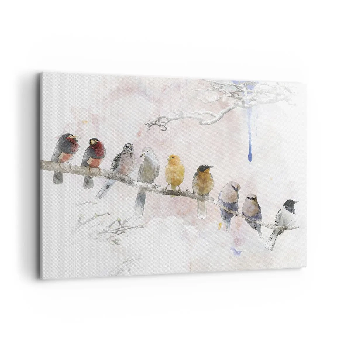 Impression sur toile - Image sur toile - Oiseaux colorés sur une branche dans un style aquarelle - 100x70cm - Rencontre ailée - Décoration murale moderne pour le salon et la chambre ARTTOR