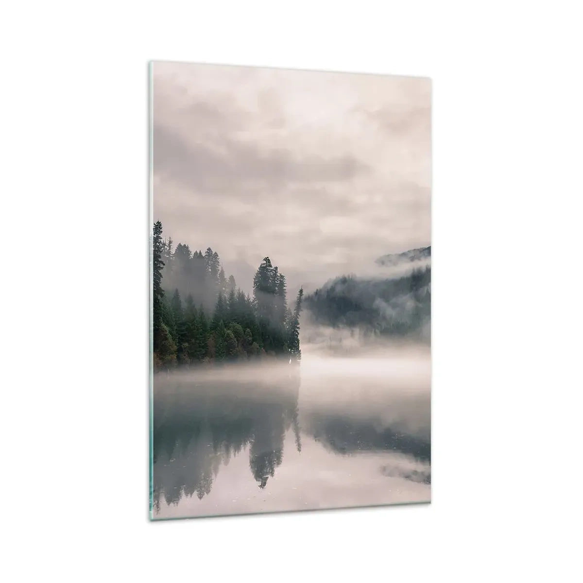 Impression sur verre - Image sur verre - Une forêt brumeuse se reflétant dans un lac calme - 80x120cm - Reflet dans le brouillard - Décoration murale moderne pour le salon et la chambre ARTTOR