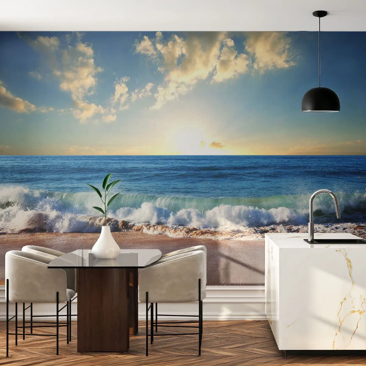 Papier Peint Photo Standard Eco - Plage dorée avec vagues et coucher de soleil sur l'océan - 100x70cm - Mouvement et immobilité à la fois - Décoration murale moderne pour le salon et la chambre ARTTOR