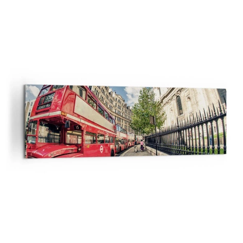 Impression sur toile - Image sur toile - Bus rouge à impériale à Londres près de la rue et de la cathédrale - 160x50cm - Rue de Londres en gris et rouge - Décoration murale moderne pour le salon et la chambre ARTTOR