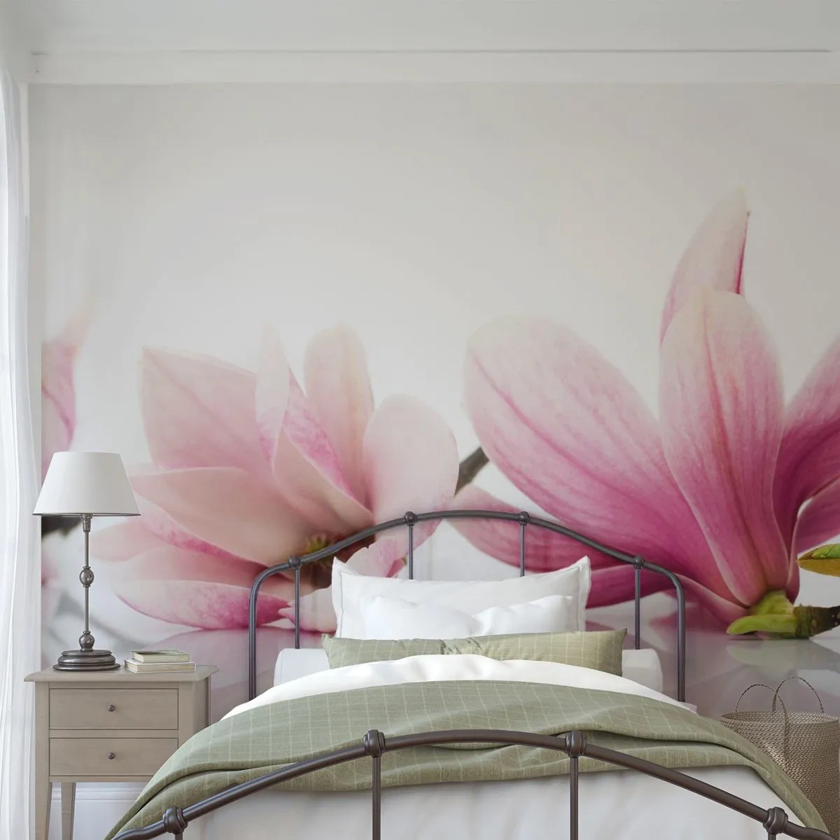 Papier Peint Photo Premium Sand - Magnolias roses délicats sur fond blanc - 100x70cm - Délicat comme une brise de printemps - Décoration murale moderne pour le salon et la chambre ARTTOR