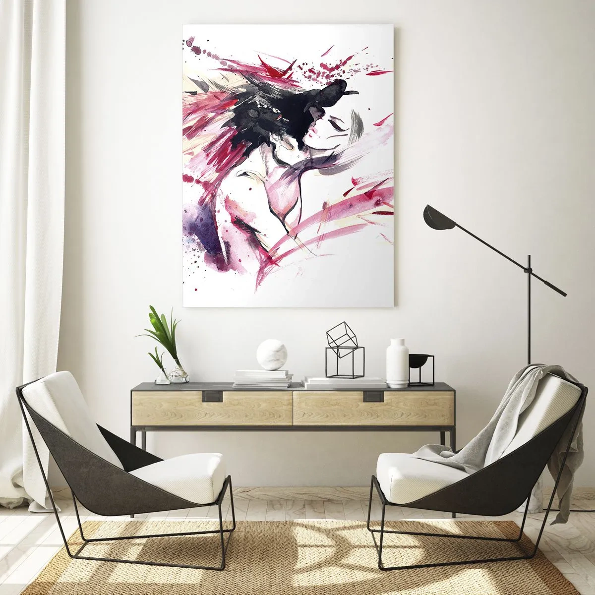 Impression sur verre - Image sur verre - Portrait abstrait d'une femme aux accents rouges dynamiques - 70x100cm - Un accomplissement amoureux - Décoration murale moderne pour le salon et la chambre ARTTOR