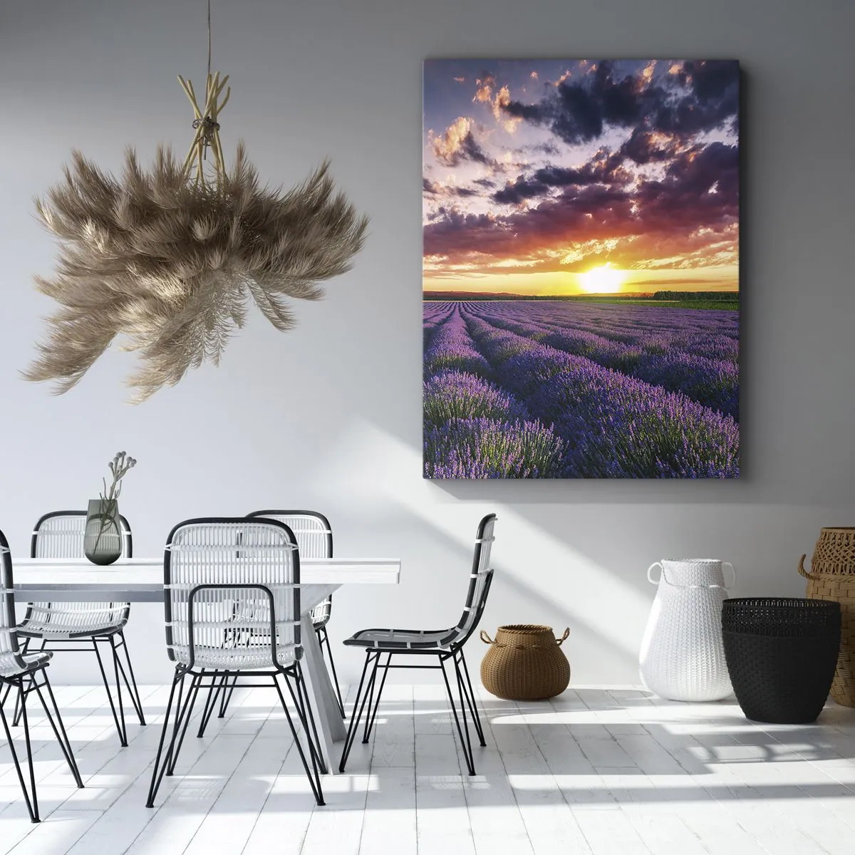 Impression sur toile - Image sur toile - Un champ de lavande au coucher du soleil avec un ciel coloré - 70x100cm - Monde de lavande - Décoration murale moderne pour le salon et la chambre ARTTOR