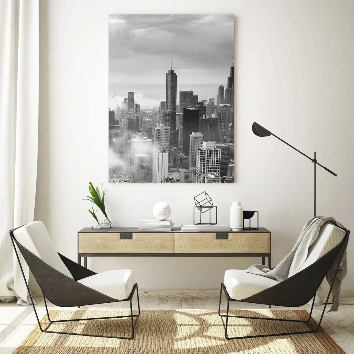 Impression sur verre - Image sur verre - Panorama de la ville avec des gratte-ciels en noir et blanc - 50x70cm - Paysage américain - Décoration murale moderne pour le salon et la chambre ARTTOR