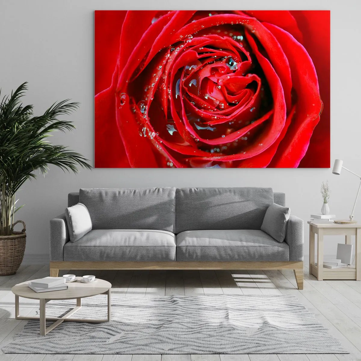 Impression sur verre - Image sur verre - Gros plan d'une rose rouge avec des gouttes de rosée - 70x50cm - Dans les gouttes de rosée - Décoration murale moderne pour le salon et la chambre ARTTOR