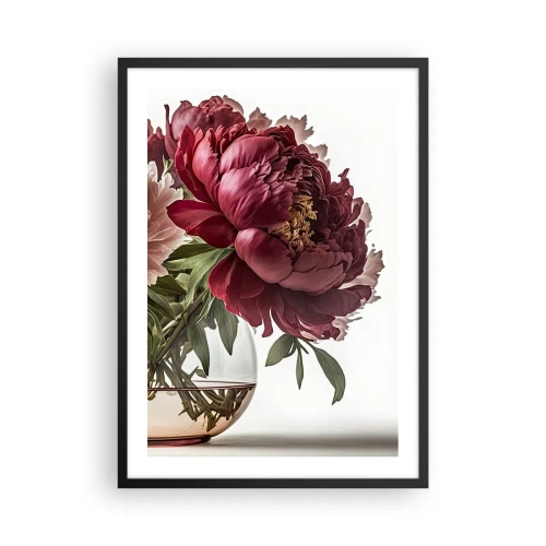 Affiche dans un cadre noir - Poster - Pivoines rouges dans un vase en verre sur fond blanc - 50x70cm - En pleine floraison de beauté - Décoration murale moderne pour le salon et la chambre ARTTOR
