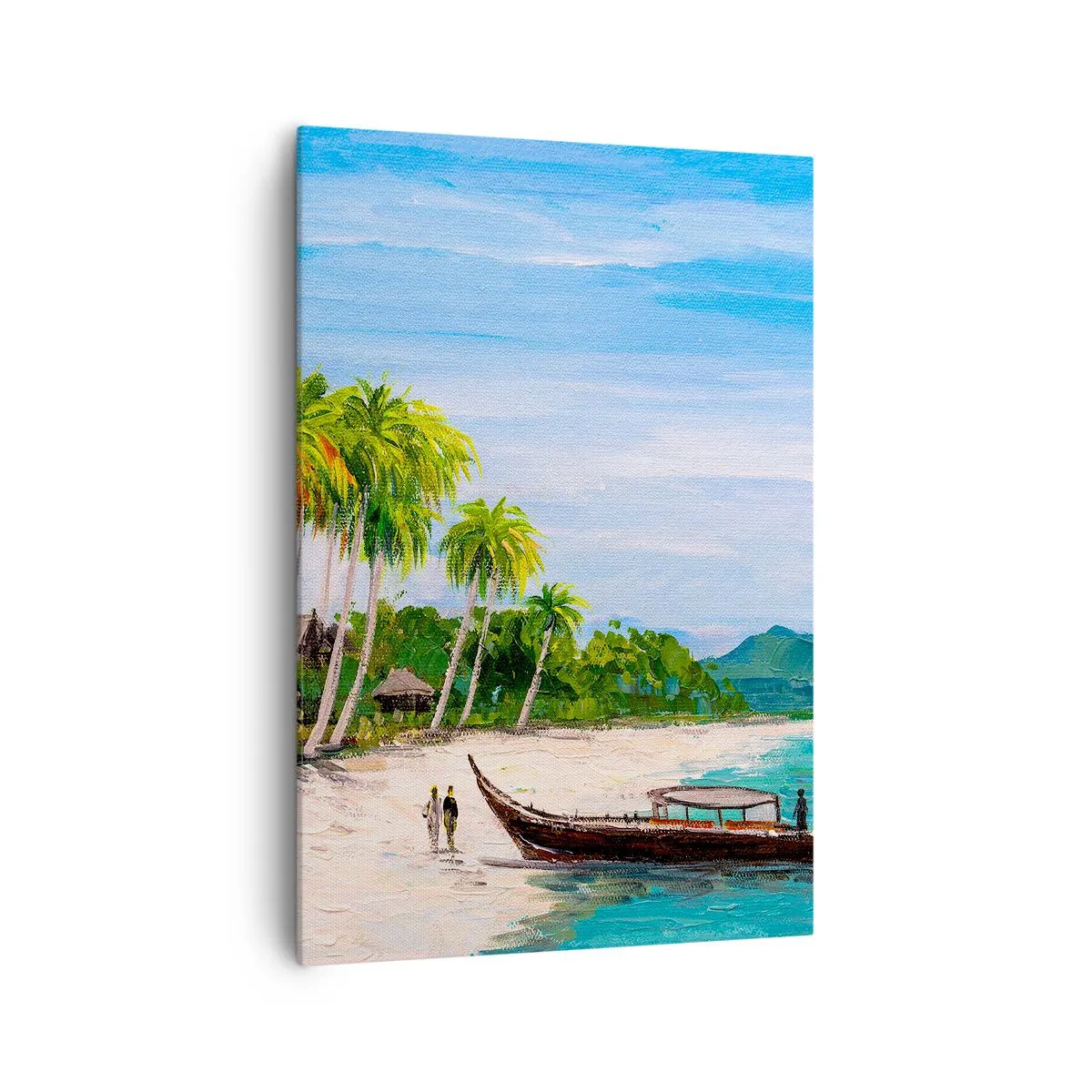 Impression sur toile - Image sur toile - Une plage exotique avec des palmiers et un bateau sur le rivage - 70x100cm - Rêve exotique - Décoration murale moderne pour le salon et la chambre ARTTOR