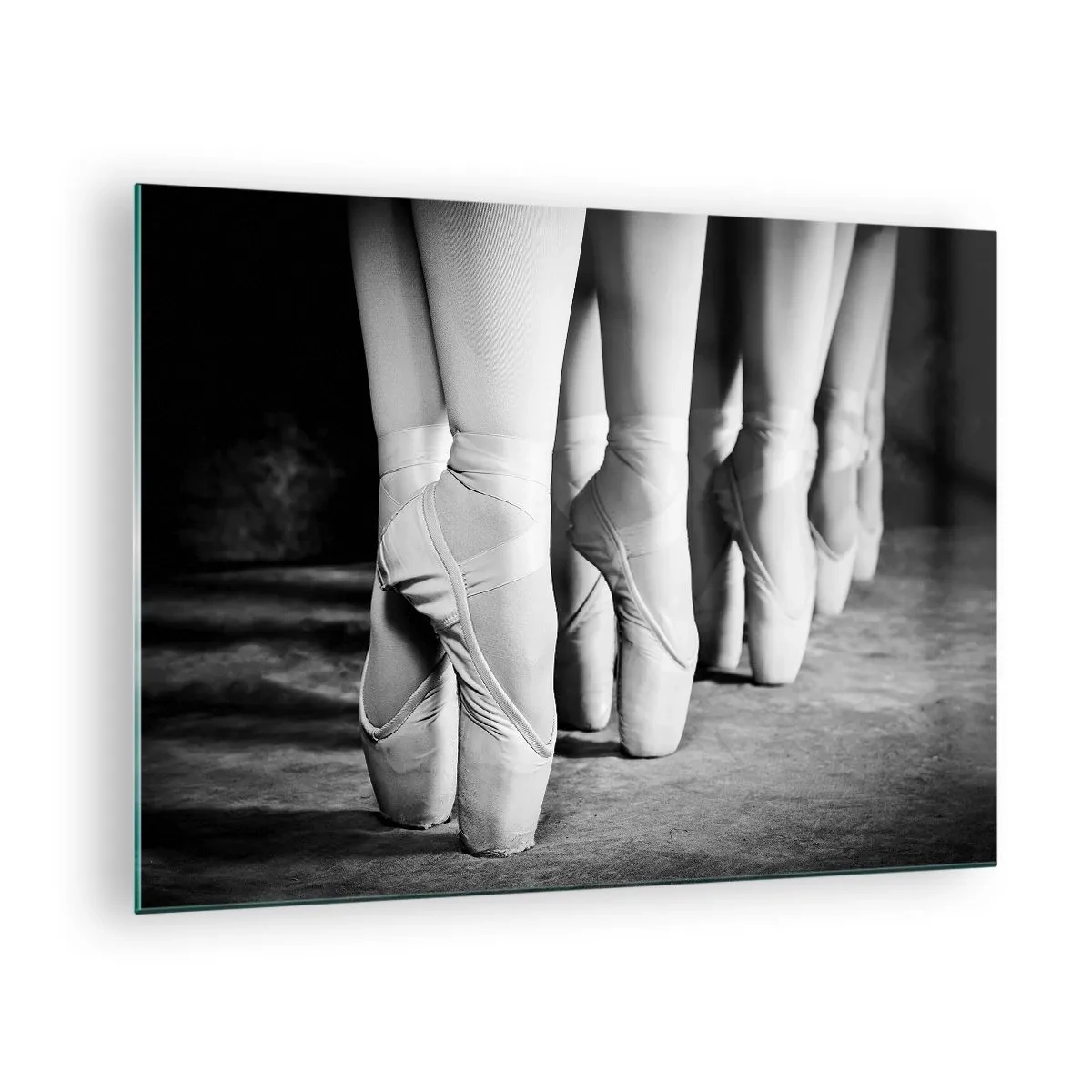 Impression sur verre - Image sur verre - Ballerines sur pointes dans un décor noir et blanc - 70x50cm - Ensemble, simple - Décoration murale moderne pour le salon et la chambre ARTTOR