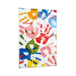 Impression sur verre - Image sur verre - Empreintes de mains colorées sur fond blanc - 50x70cm - Suivez les traces - Décoration murale moderne pour le salon et la chambre ARTTOR