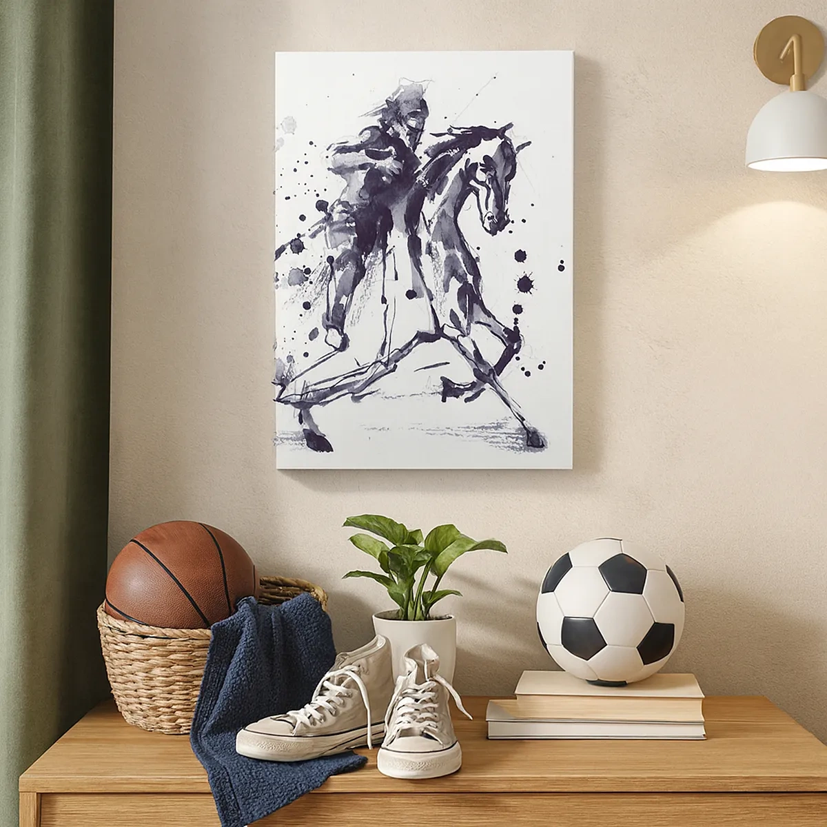 Impression sur toile - Image sur toile - Aquarelle noir et blanc d'un cavalier sur un cheval au galop - 50x70cm - Chevalier noir - Décoration murale moderne pour le salon et la chambre ARTTOR