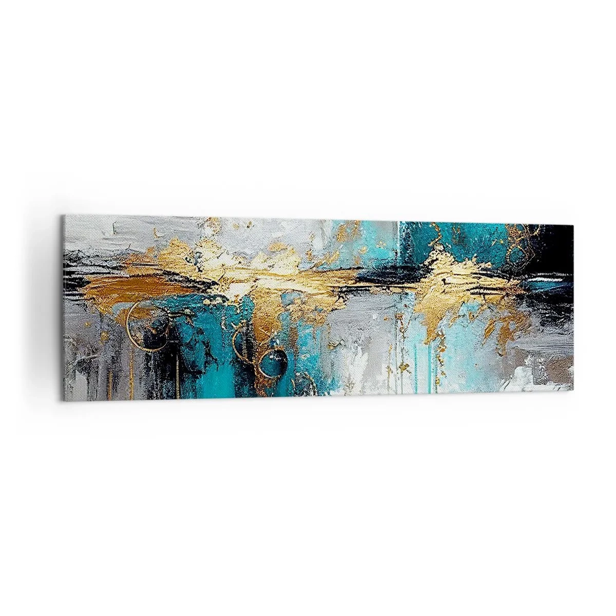 Impression sur toile - Image sur toile - Une composition abstraite aux accents turquoise et dorés. - 160x50cm - Tout coule - Décoration murale moderne pour le salon et la chambre ARTTOR
