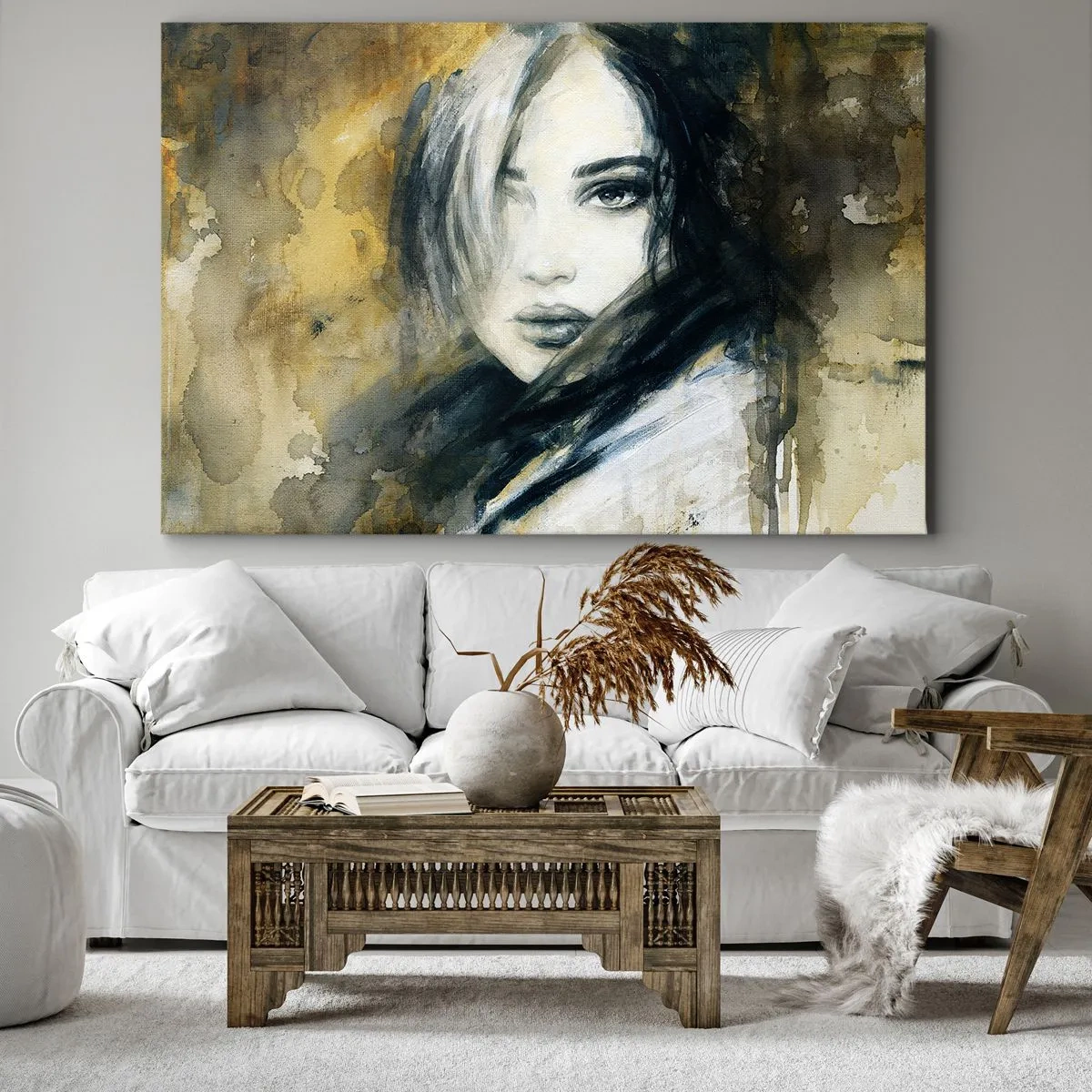 Impression sur toile - Image sur toile - Portrait d'une femme sur fond de taches abstraites dans les tons beiges - 120x80cm - plutôt innocente ou sensuelle ? - Décoration murale moderne pour le salon et la chambre ARTTOR