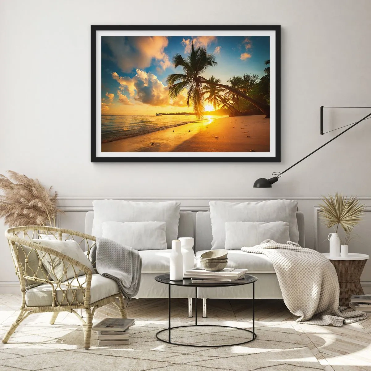 Affiche dans un cadre noir - Poster - Plage au coucher du soleil avec des palmiers au bord de la mer - 100x70cm - Rêve caribéen - Décoration murale moderne pour le salon et la chambre ARTTOR