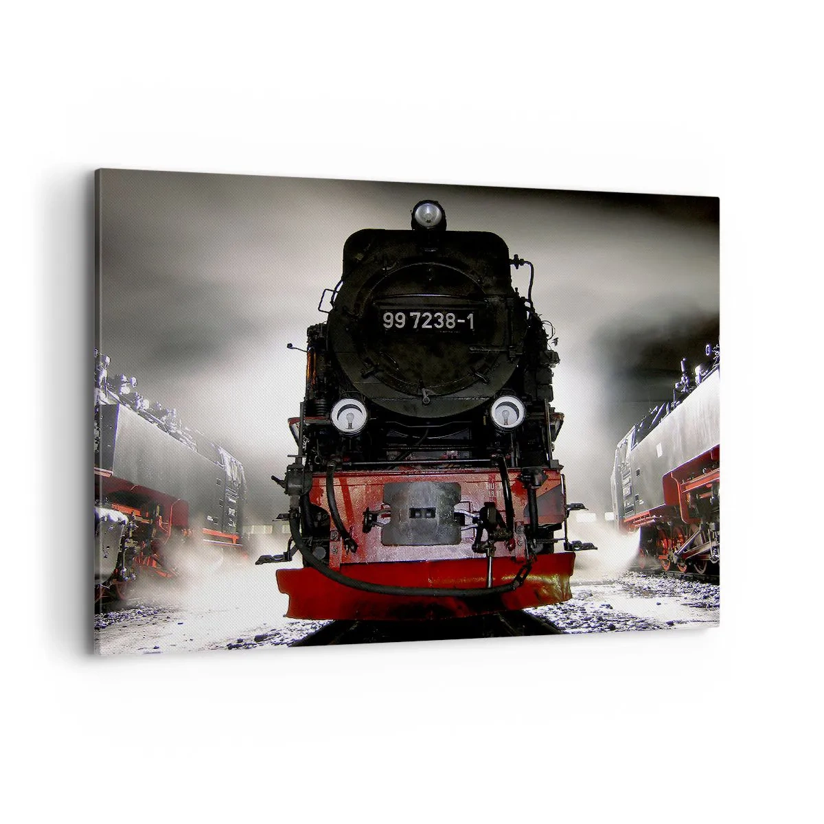 Impression sur toile - Image sur toile - Une locomotive à vapeur entourée de vapeur sur un ciel sombre dans un décor atmosphérique - 100x70cm - Il se lève et siffle, halète et souffle - Décoration murale moderne pour le salon et la chambre ARTTOR