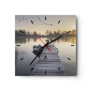 Horloge murale - Pendule murale - Une jetée au bord du lac le matin avec un bateau et des chaises - 30x30cm - Je reviendrai - Décoration murale moderne pour le salon et la chambre ARTTOR