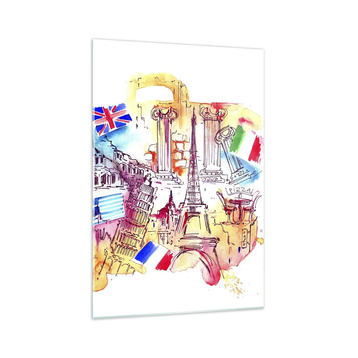 Impression sur verre - Image sur verre - Aquarelle de symboles européens avec drapeaux de pays - 70x100cm - Tournée européenne - Décoration murale moderne pour le salon et la chambre ARTTOR