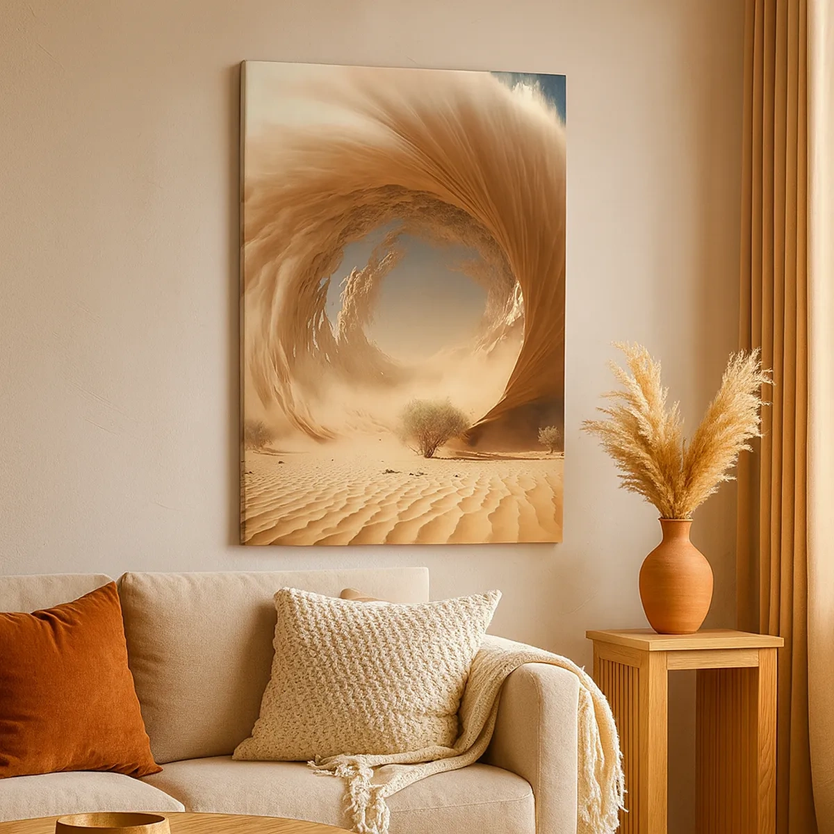 Impression sur toile - Image sur toile - Tourbillon de sable dynamique dans un désert avec des arbres - 50x70cm - Portail ouvert - Décoration murale moderne pour le salon et la chambre ARTTOR