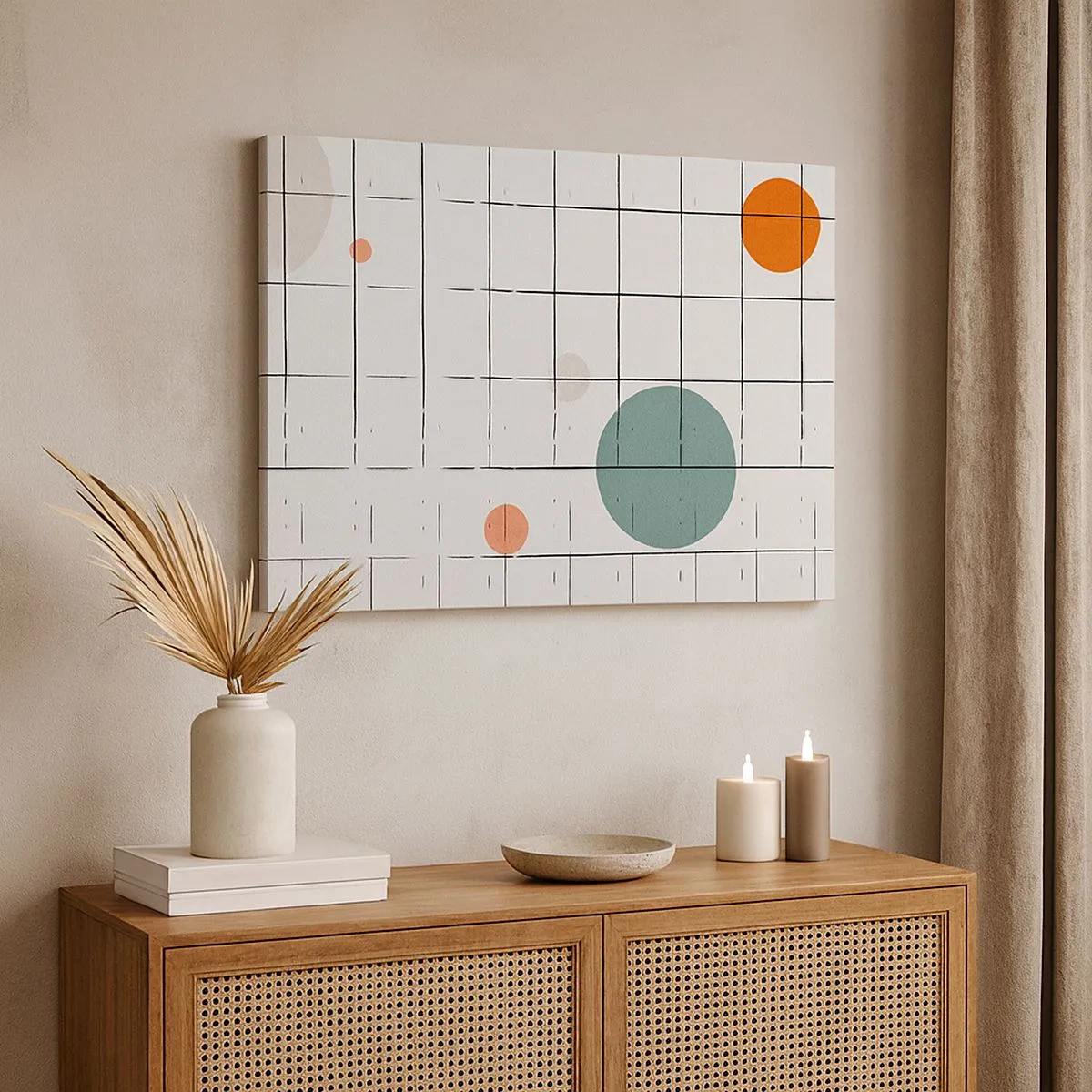 Impression sur toile - Image sur toile - Cercles colorés abstraits sur un fond de grille géométrique - 70x50cm - Piégé. Nous ou eux ? - Décoration murale moderne pour le salon et la chambre ARTTOR