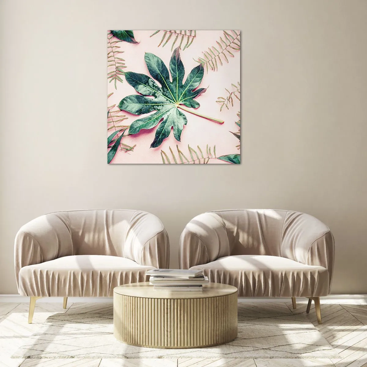 Impression sur verre - Image sur verre - Étude de verdure sur fond rose - 60x60 cm