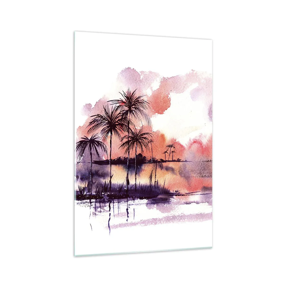 Impression sur verre - Image sur verre - Paysage tropical avec palmiers au coucher du soleil à l'aquarelle - 70x100cm - La tranquillité des tropiques en rouge - Décoration murale moderne pour le salon et la chambre ARTTOR