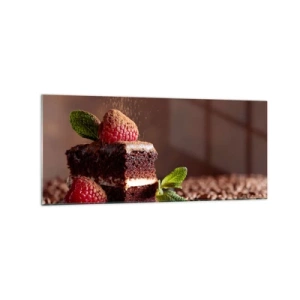 Impression sur verre - Image sur verre - Gâteau au chocolat aux framboises et à la menthe sur fond de fèves de cacao - 120x50cm - La vie est douce - Décoration murale moderne pour le salon et la chambre ARTTOR