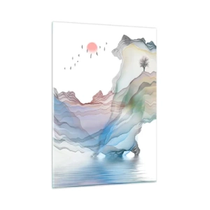 Impression sur verre - Image sur verre - Montagnes colorées avec un bateau sur l'eau dans un style aquarelle - 50x70cm - Vers les montagnes de cristal - Décoration murale moderne pour le salon et la chambre ARTTOR