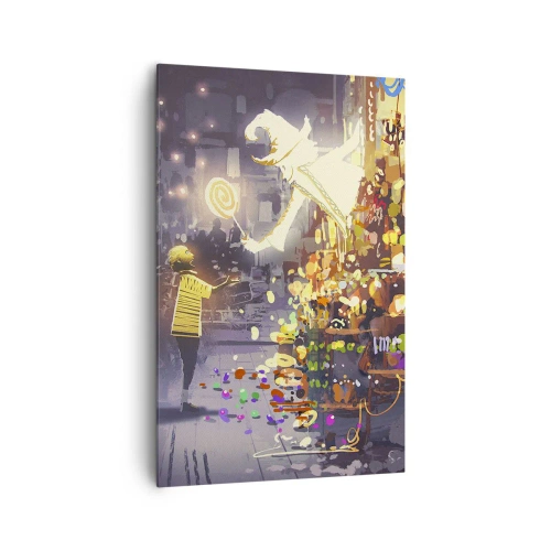 Impression sur toile - Image sur toile - Un personnage de conte de fées et un enfant dans une rue pleine de lumières et de magie - 80x120cm - La magie existe - Décoration murale moderne pour le salon et la chambre ARTTOR