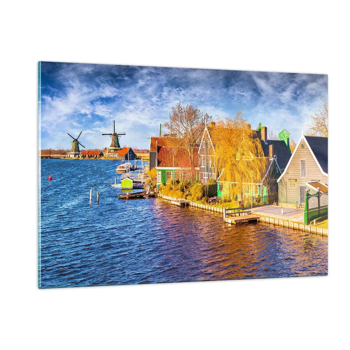 Impression sur verre - Image sur verre - Maisons pittoresques au bord de l'eau aux Pays-Bas avec moulins à vent - 120x80cm - C'est pareil depuis des lustres - Décoration murale moderne pour le salon et la chambre ARTTOR