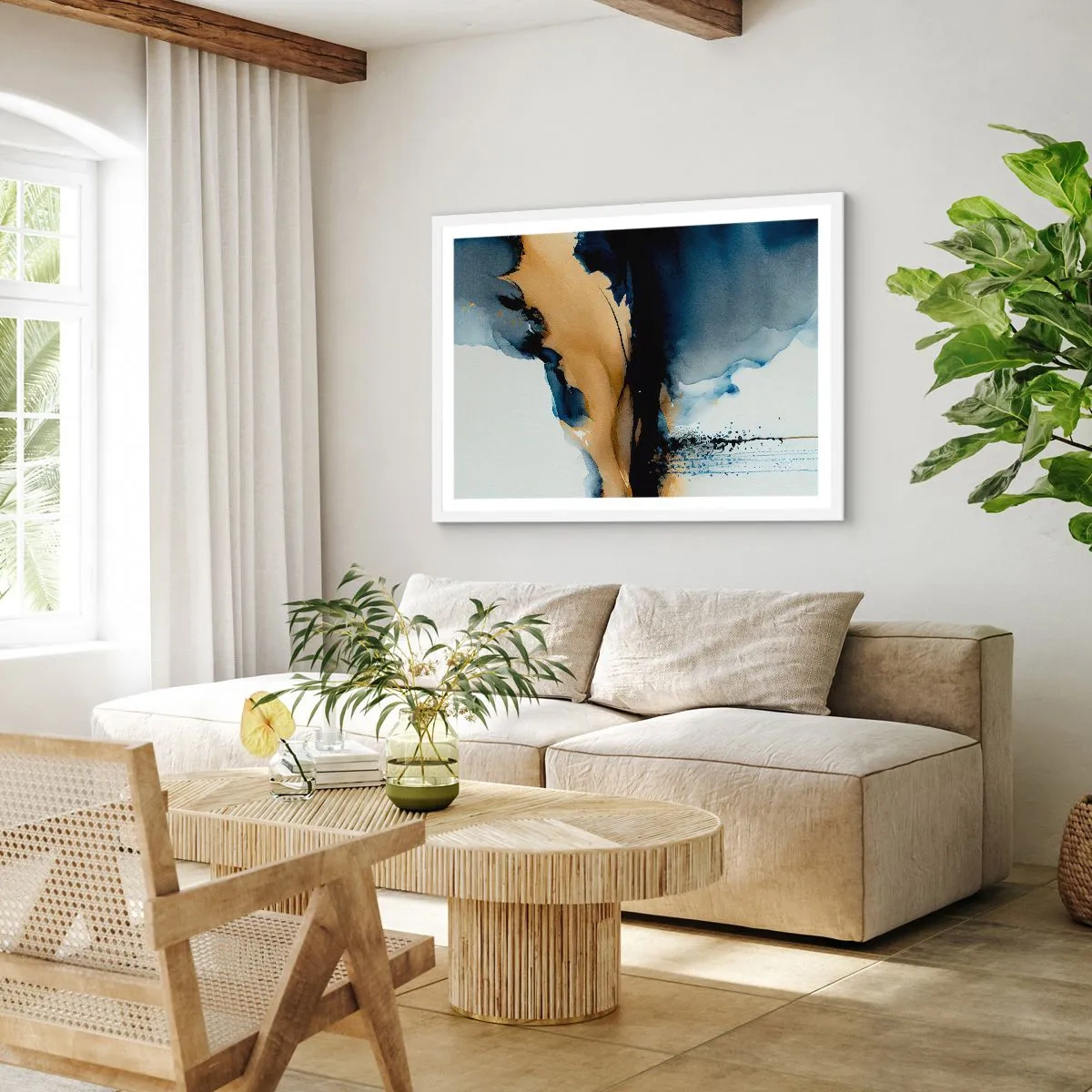 Affiche dans un cadre blanc - Poster - Derrière le rideau - 50x40 cm