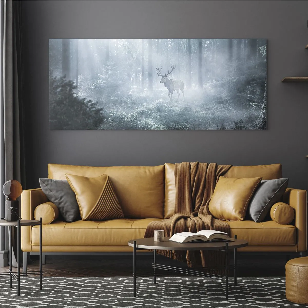 Impression sur verre - Image sur verre - Un cerf dans une forêt dense enveloppée de brume matinale - 160x50cm - Visite matinale du domaine - Décoration murale moderne pour le salon et la chambre ARTTOR