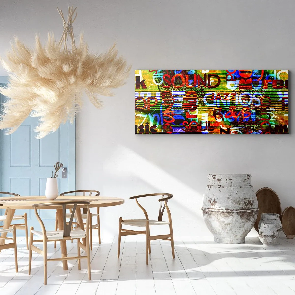Impression sur toile - Image sur toile - Abstraction colorée avec des inscriptions musicales dans un style pop art - 120x50cm - Toutes les nuances du son - Décoration murale moderne pour le salon et la chambre ARTTOR