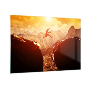 Impression sur verre - Image sur verre - Sauter par-dessus un gouffre dans un paysage de montagne au coucher du soleil - 100x70cm - Dépassement des limites - Décoration murale moderne pour le salon et la chambre ARTTOR