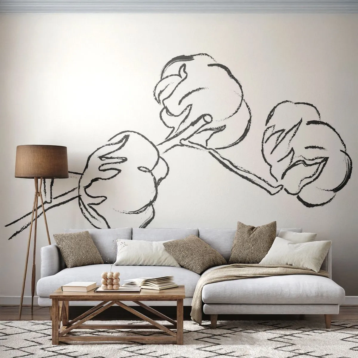 Papier Peint Photo Premium Sand - Un dessin d'une branche de coton en lignes noires sur fond blanc - 100x70cm - Duvet de coton - Décoration murale moderne pour le salon et la chambre ARTTOR