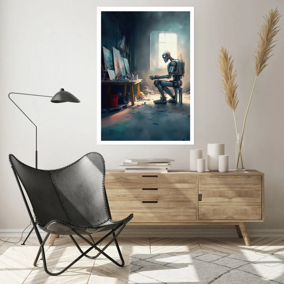 Affiche - Poster - Un robot artiste peint des tableaux dans son atelier - 50x70cm - L'acte de création - Décoration murale moderne pour le salon et la chambre ARTTOR