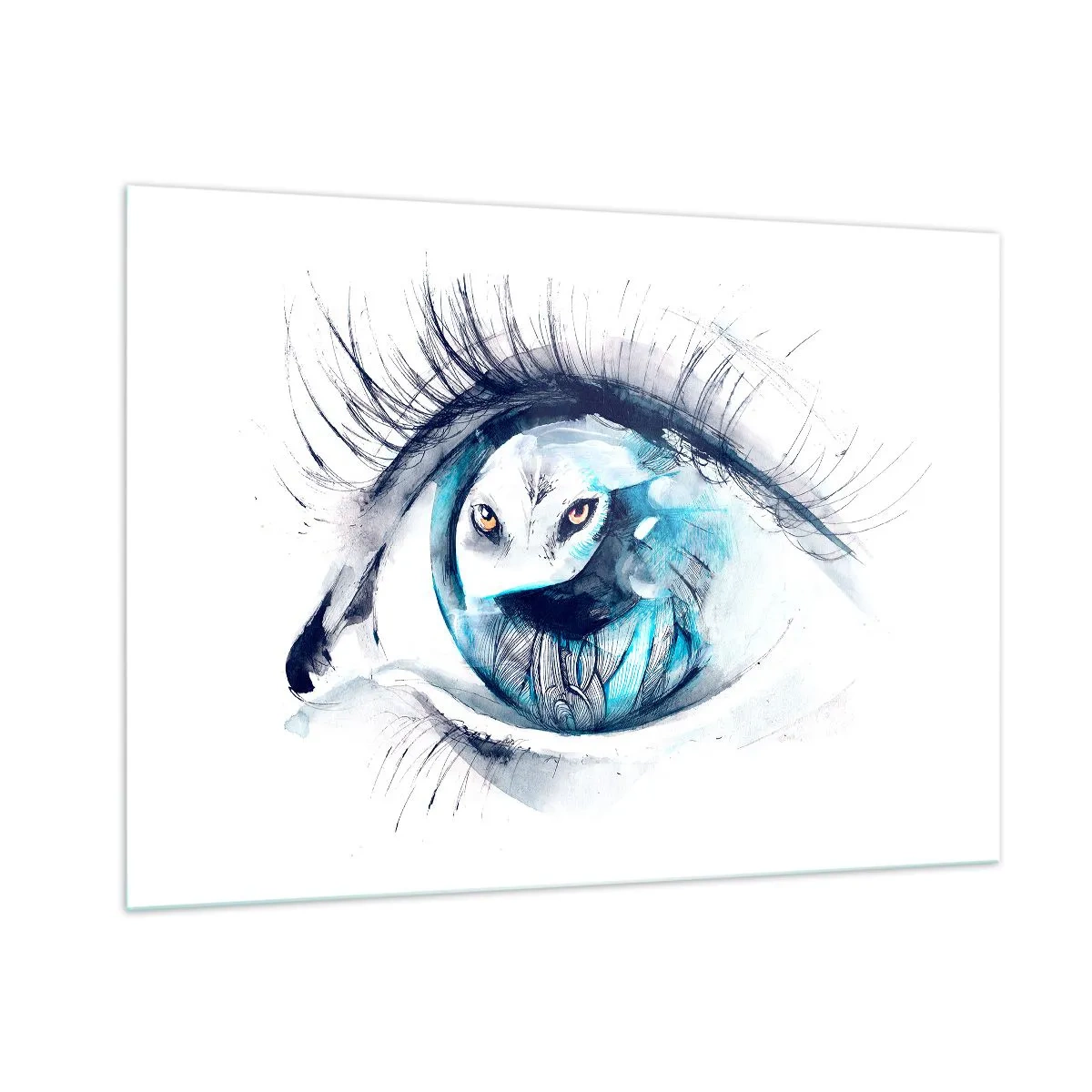 Impression sur verre - Image sur verre - Un œil de femme avec un motif de hibou dans un style aquarelle - 100x70cm - Face à face avec la nature sauvage - Décoration murale moderne pour le salon et la chambre ARTTOR