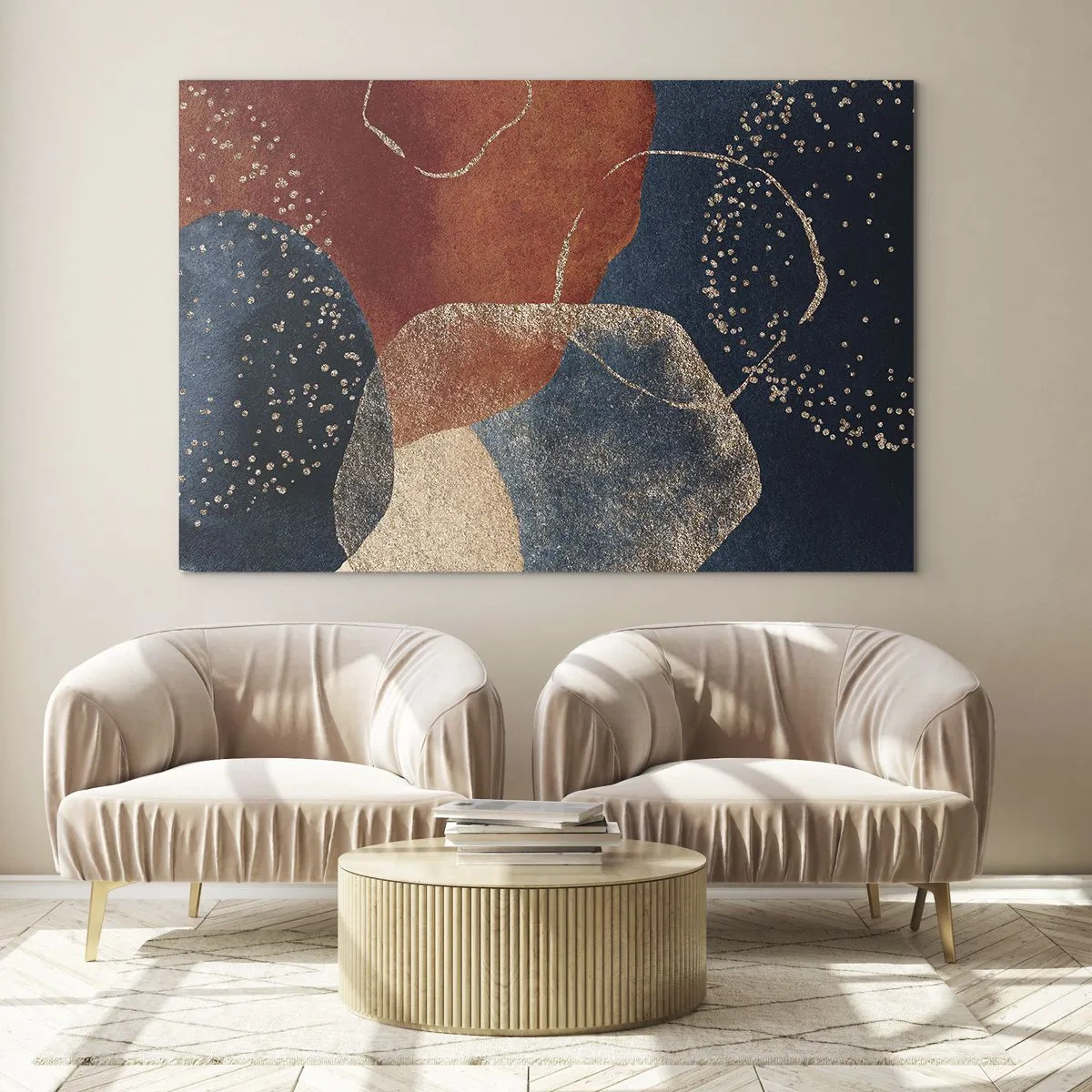 Impression sur verre - Image sur verre - Formes abstraites dans des tons bleu marine et cuivre - 100x70cm - La légèreté de l'être - Décoration murale moderne pour le salon et la chambre ARTTOR