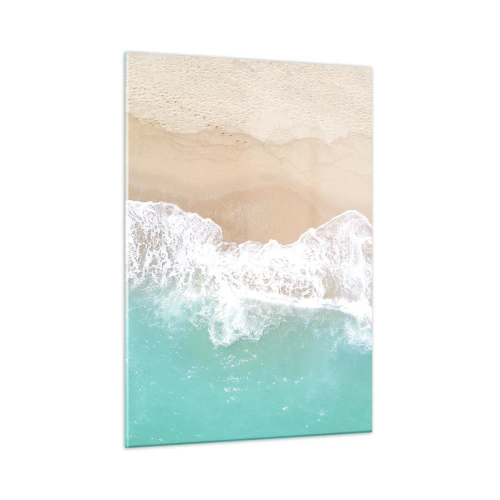 Impression sur verre - Image sur verre - Vue aérienne de la plage avec de l'eau turquoise et des vagues blanches - 50x70cm - Caresse de l'océan - Décoration murale moderne pour le salon et la chambre ARTTOR