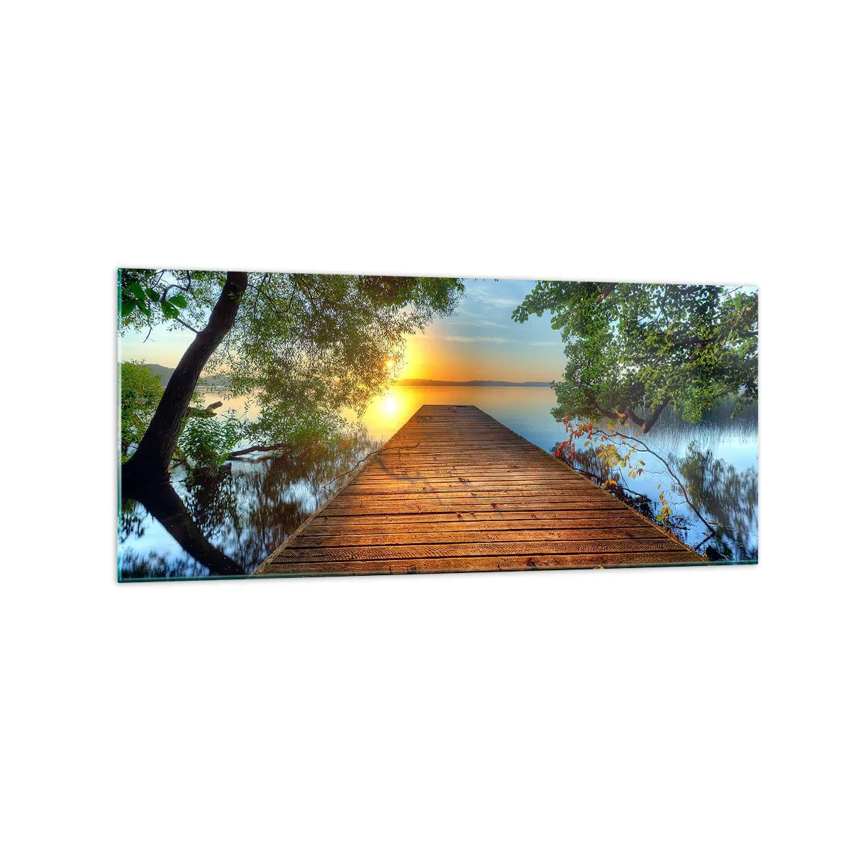Impression sur verre - Image sur verre - Une jetée en bois entourée de verdure au coucher du soleil - 120x50cm - Prenez votre temps, asseyez-vous - Décoration murale moderne pour le salon et la chambre ARTTOR