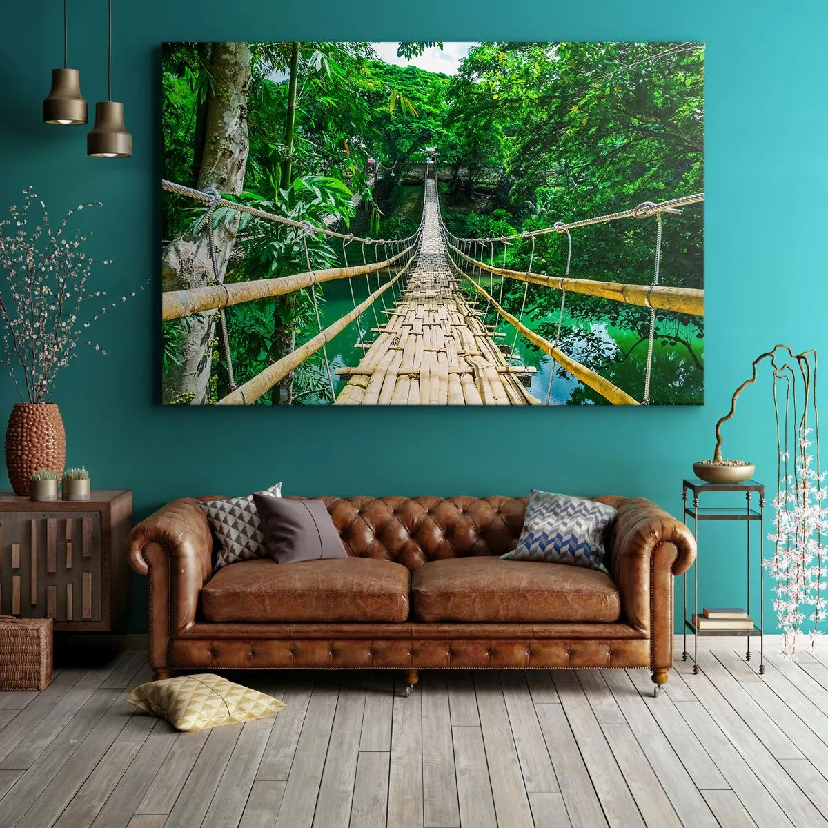 Impression sur toile - Image sur toile - Un pont suspendu en bambou entouré de verdure - 70x50cm - Pont de singe en pleine nature - Décoration murale moderne pour le salon et la chambre ARTTOR