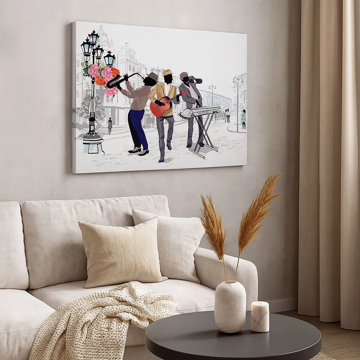Impression sur toile - Image sur toile - Des musiciens de rue jouent dans un paysage urbain - 70x50cm - Musique de rue - Décoration murale moderne pour le salon et la chambre ARTTOR