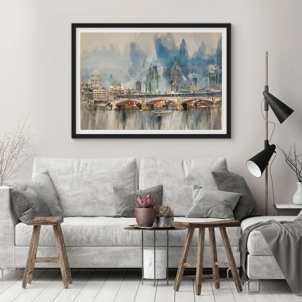 Affiche dans un cadre noir - Poster - Vue à l'aquarelle du pont et des toits de la ville - 100x70cm - Londres dans toute sa splendeur - Décoration murale moderne pour le salon et la chambre ARTTOR