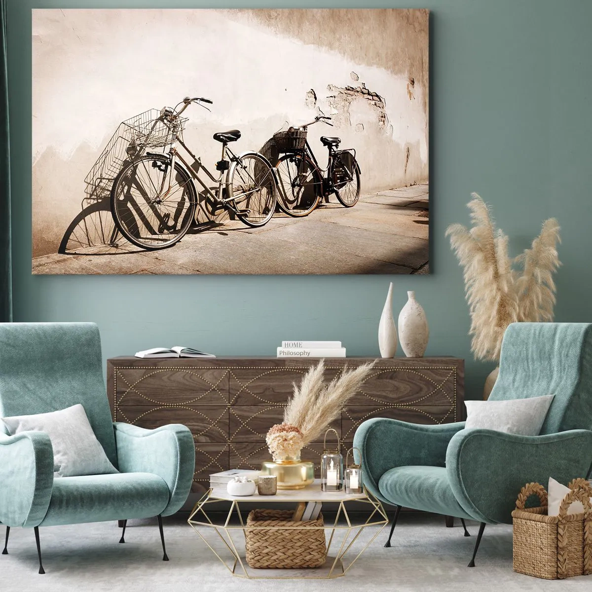 Impression sur toile - Image sur toile - Deux vélos appuyés contre un vieux mur de style rétro - 70x50cm - Le charme inoubliable du passé - Décoration murale moderne pour le salon et la chambre ARTTOR