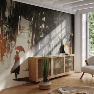 Papier Peint Photo Premium Sand - La poésie du parapluie rouge - Ville, Femme, Architecture - 500x350 cm