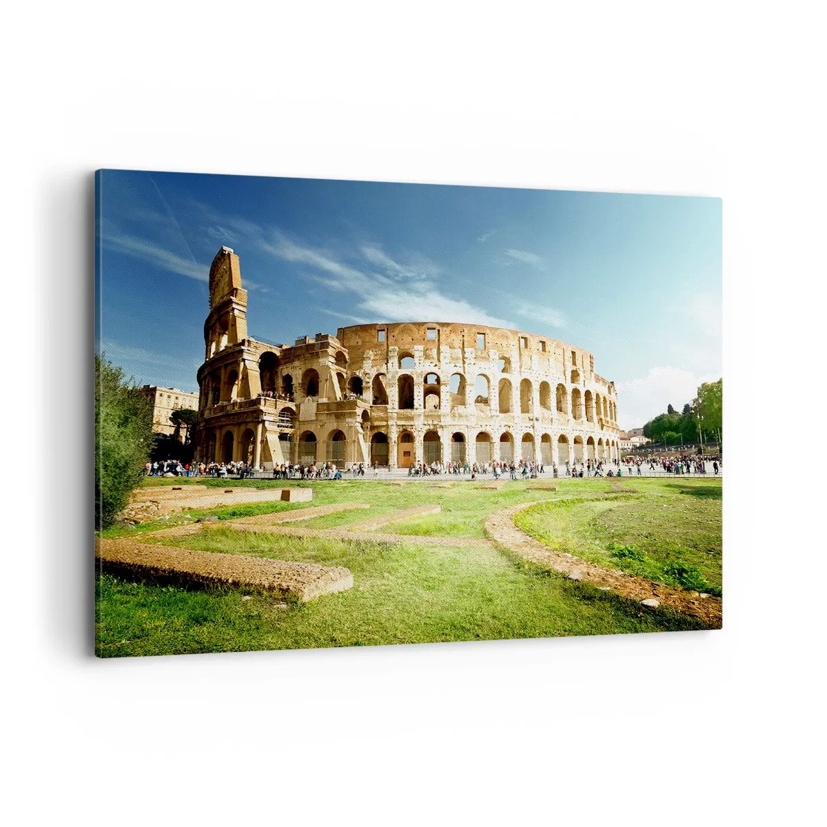 Impression sur toile - Image sur toile - Le Colisée de Rome entouré de verdure et de ciel bleu - 100x70cm - On entend encore la détonation de l'arme - Décoration murale moderne pour le salon et la chambre ARTTOR