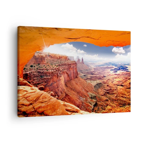 Impression sur toile - Image sur toile - Canyon vu à travers une fenêtre rocheuse aux tons rocheux chauds - 70x50cm - Sculpté par la nature elle-même - Décoration murale moderne pour le salon et la chambre ARTTOR
