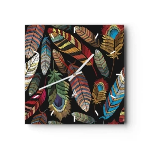 Horloge murale - Pendule murale - Plumes colorées sur fond noir - 30x30cm - Le carnaval des oiseaux - Décoration murale moderne pour le salon et la chambre ARTTOR