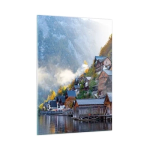 Impression sur verre - Image sur verre - Un matin d'automne dans une ville de montagne au bord d'un lac - 50x70cm - Ambiance alpine - Décoration murale moderne pour le salon et la chambre ARTTOR
