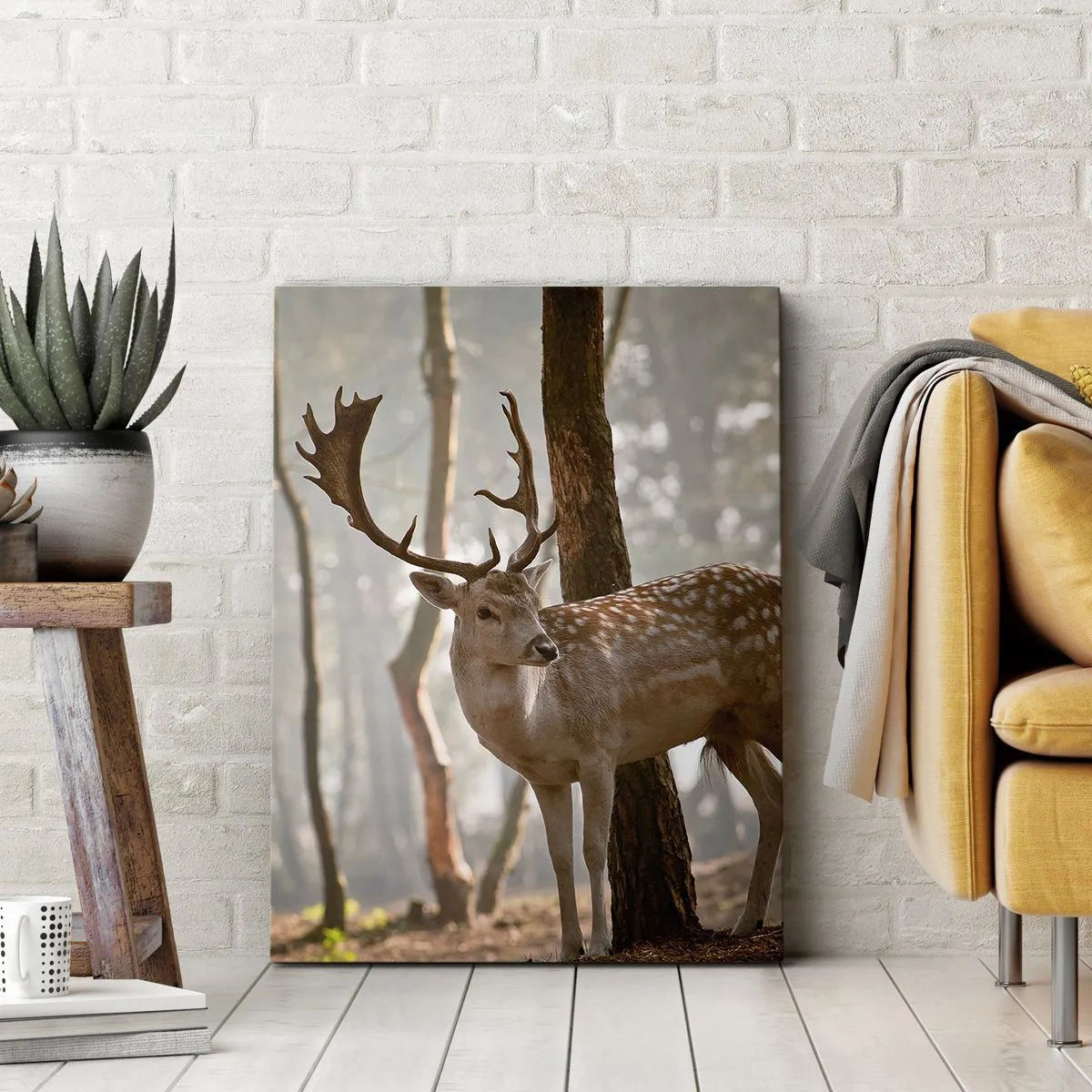 Impression sur toile - Image sur toile - Cerf dans la forêt dans le brouillard du matin - 70x100cm - La lumière de la jeunesse - Décoration murale moderne pour le salon et la chambre ARTTOR