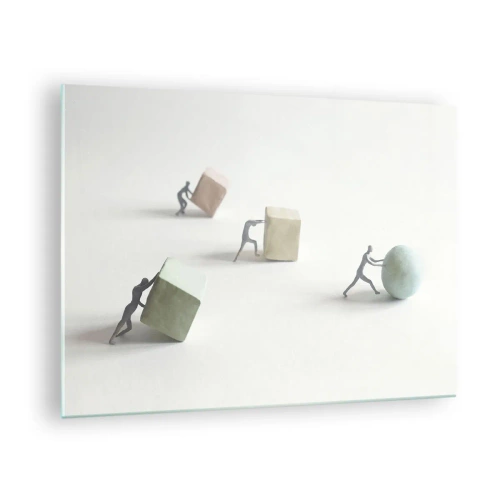 Impression sur verre - Image sur verre - Des figurines miniatures roulent et poussent des formes géométriques. - 70x50cm - Rien que la vie - Décoration murale moderne pour le salon et la chambre ARTTOR